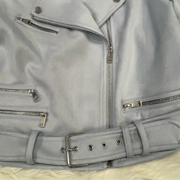 Aqua Light Blue Faux Suede Biker Jacket - Picture 3 of 12
